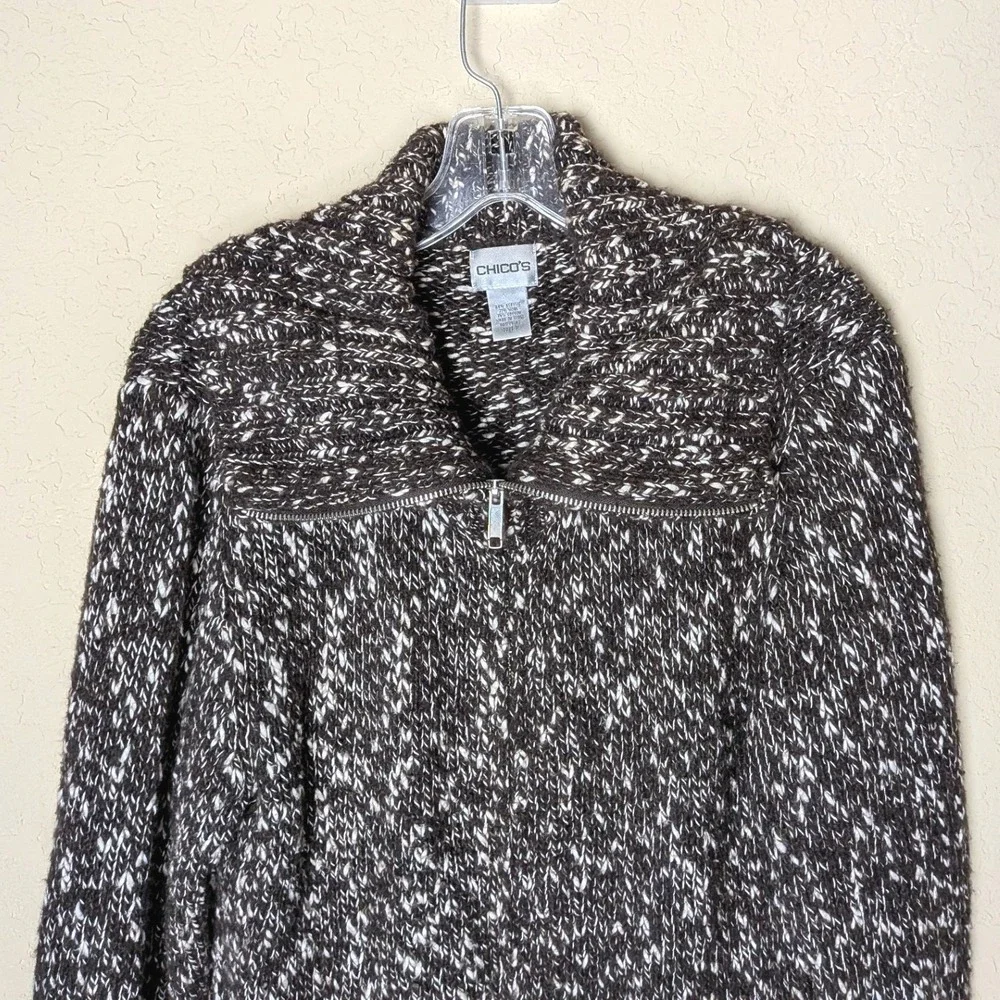 Chico's Wool-Blend‎ Marled Zip-Up Sweater Jacket Brown, Size L Oversized Tunic